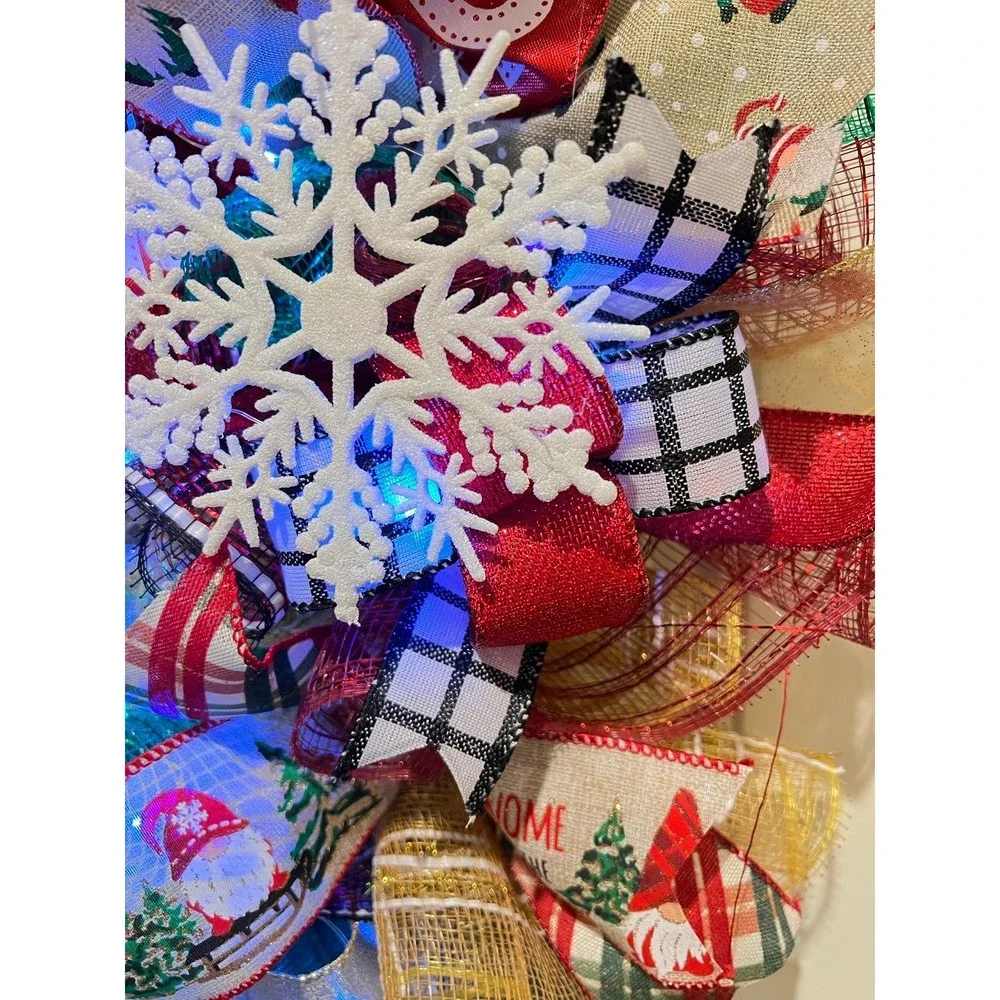 Handmade Christmas Gnome in Sleigh Holiday Ribbon Door Wreath 26 ins LED XLW3